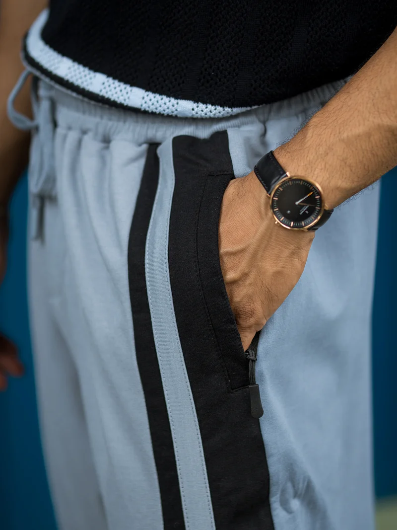 مانياك Maniac Mens ColorBlock Light Grey and Black Cotton Trackpant